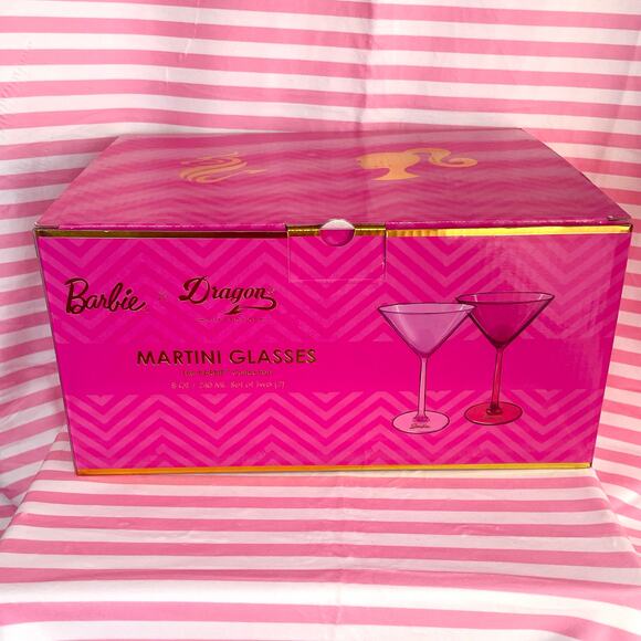 NIB Barbie x Dragon Glass pink martini glasses new in box never used HOLIDAY GIF - Picture 1 of 6